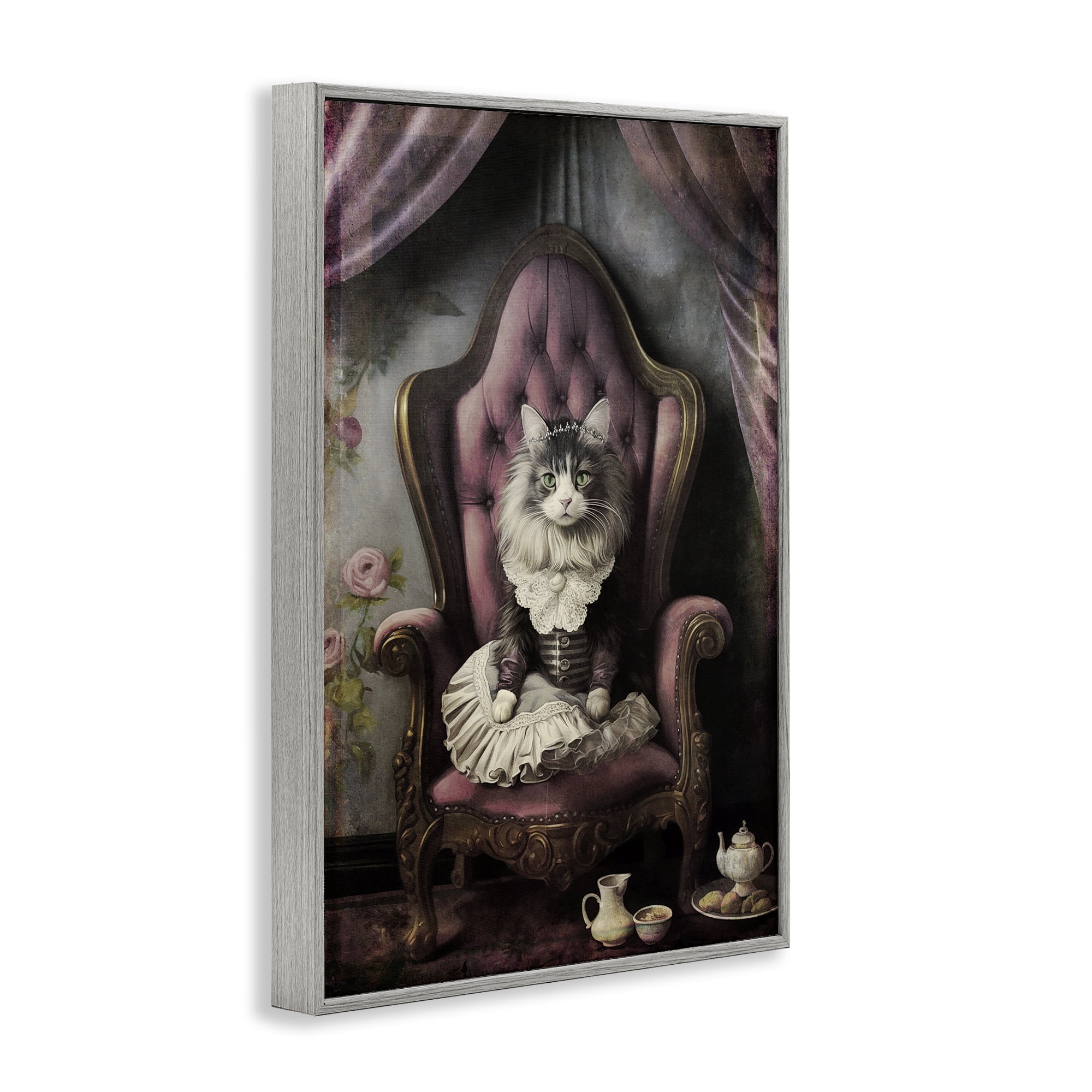 Stupell Industries Royal Cat & Tea Novelty Painting Gray Framed Art Print Wall Art, 20 x 30
