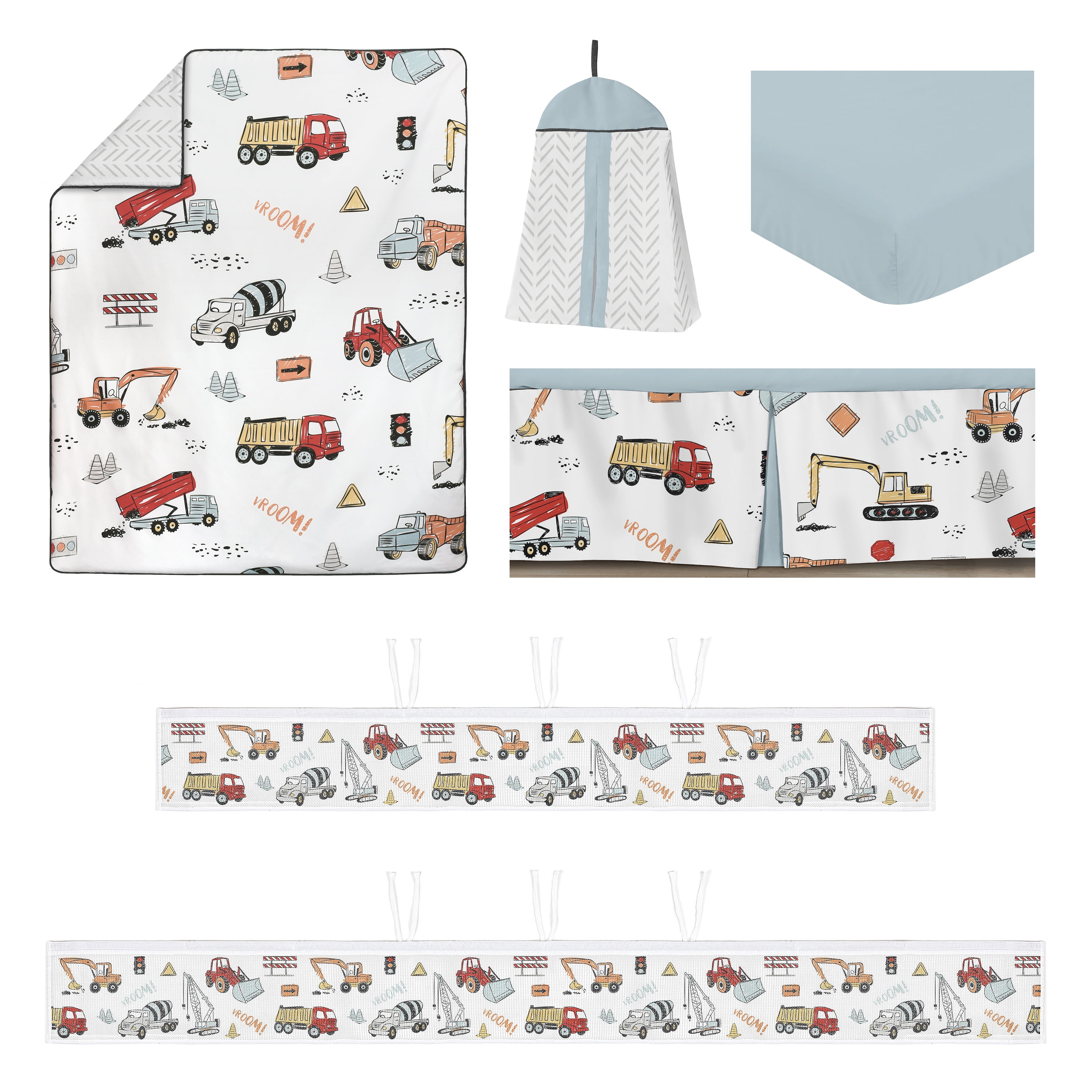 Sweet Jojo Designs Construction Truck White Red Blue Crib Bedding + BreathableBaby Breathable Mesh Liner Pad