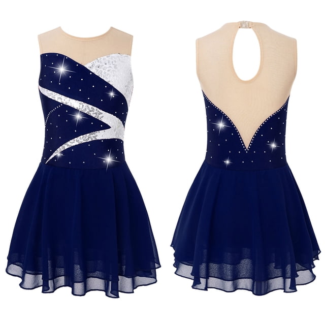 Alvivi Justaucorps de Gymnastique Sans Manches pour Filles avec Strass Brillants Robe de Patinage Artistique Ballet Tenue de Danse Moderne Bleu Marine 16