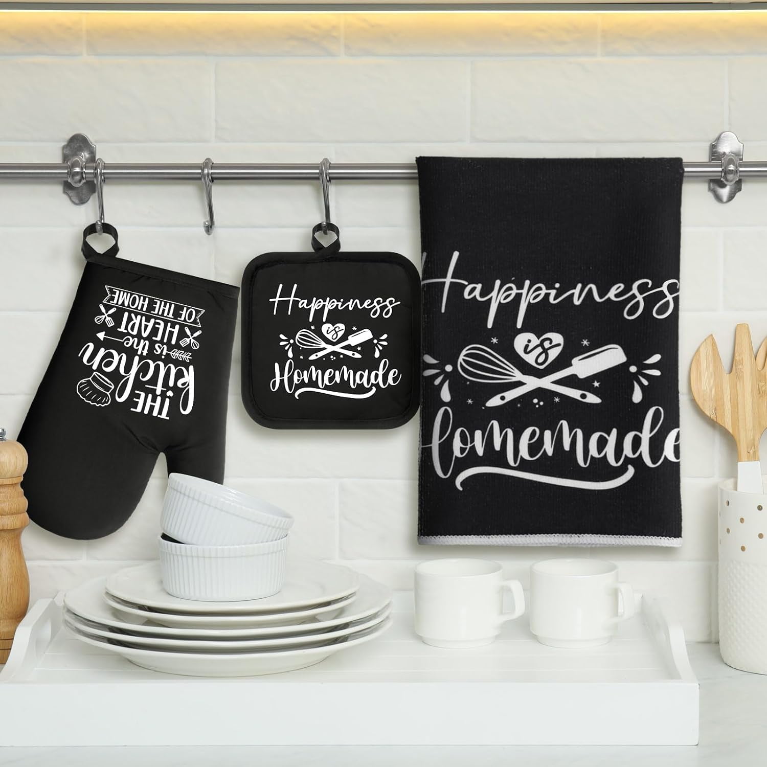 6 Pcs Kitchen Decor Accessories Set Farmhouse Towels Pot Holders Oven Mitts Set 2 Dish Towels 2 Potholders 2 Cooking Mittens Oven Glove for Christmas Baking Cooking Supply(Black,Kitchen)