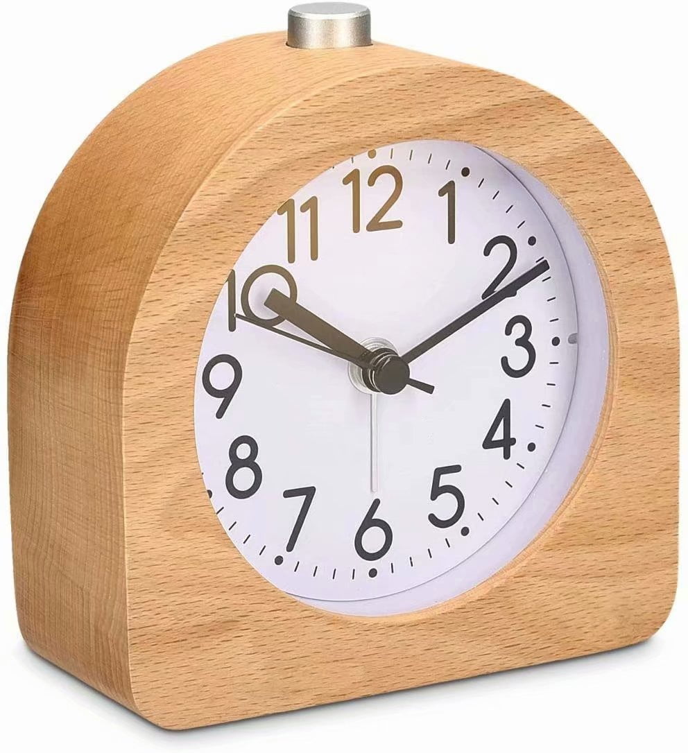 Analog Wood Alarm Clock With Snooze Retro Clock HalfRound With Dial Alarm Light Quiet Table