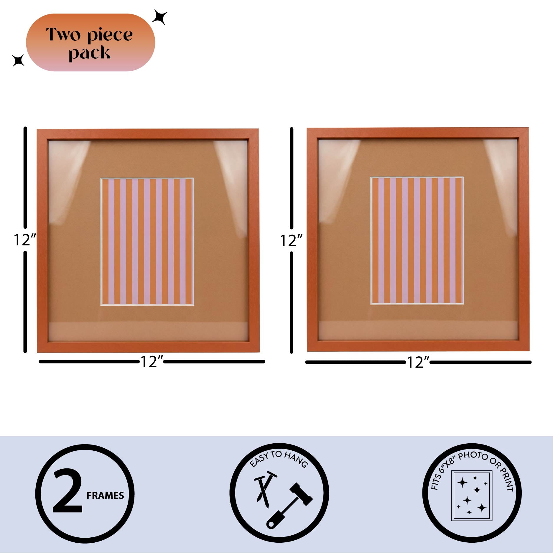 Urban Shop 12 x 12 Orange Wood Picture Frames, 2-Pack, Displays 6 x 8 Photo with Mat