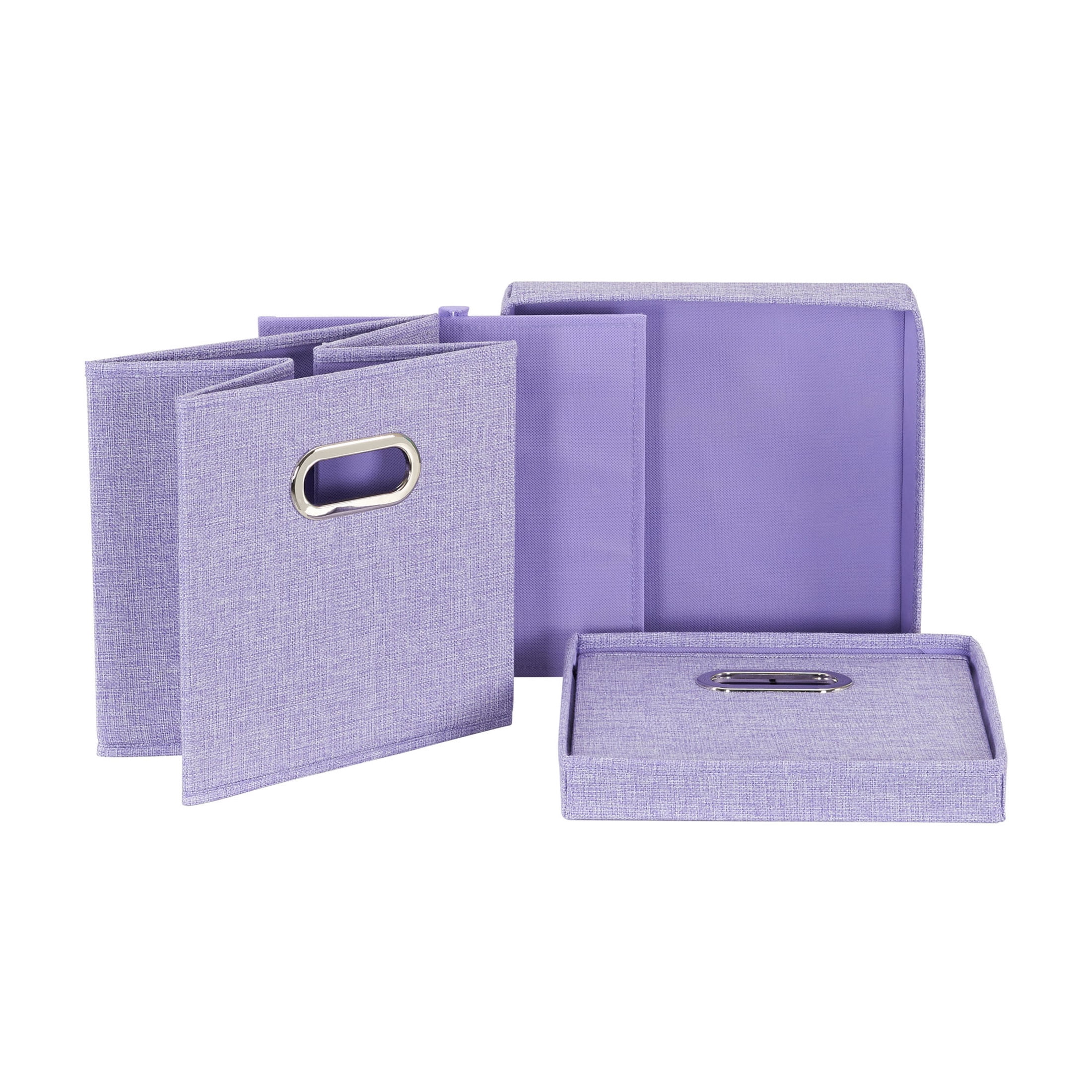 Household Essentials Storage Bins with Lids and Chromed Grommet Handles, Set of 2, Light Purple Textured Linen Look, Fits Standard Cube Shelves