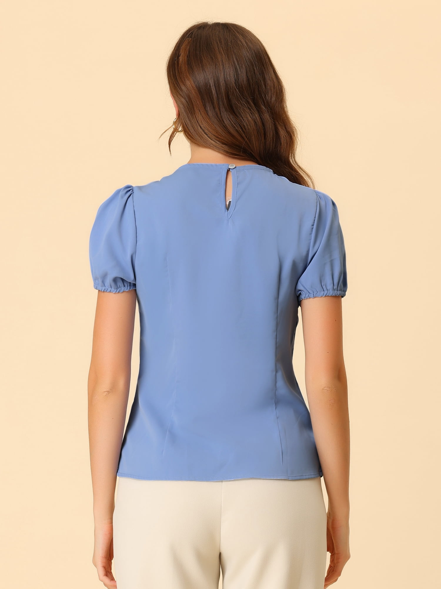 DARING DIVA Women's Retro Puff Sleeve Peter Pan Collar Blouse Top XS Blue