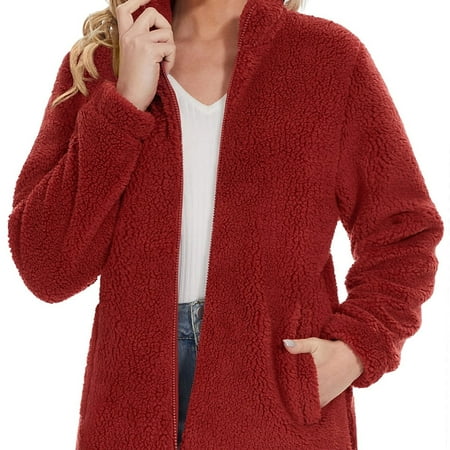 

WNGSHA Women‘s Jacket Full Zip-up Fuzzy Teddy Coat With 2 Pockets Solid Fleece Lined Warm Winter Traveling Coats Classic Stand-up Collar Casual Outfits Windproof Camping Teddy Coat Warm W