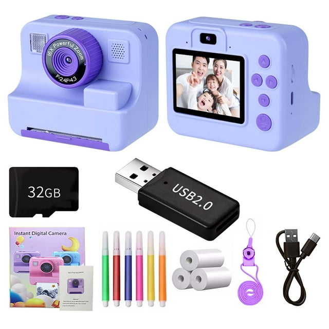Purple Portable Kids Camera With Instant Print Feature And 32Gb Memory For Children'S Art And Photography Fun