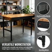60 Inch Adjustable Workbench with Power Outlet, 2500 LBS Heavy Duty Workbench with Hardwood Top, 6-Level Height Adjustable Garage Work Table with Wheels, Rolling Workstation for Workshop
