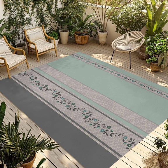 Turquoise Floral Outdoor Rug for Patio/Deck/Porch, Non-Slip Large Area Rug 4 x 6 Ft, Modern Farmhouse Leaves Gray Striped Indoor Outdoor Rugs Washable Area Rugs, Reversible Camping Rug Carpet Runner