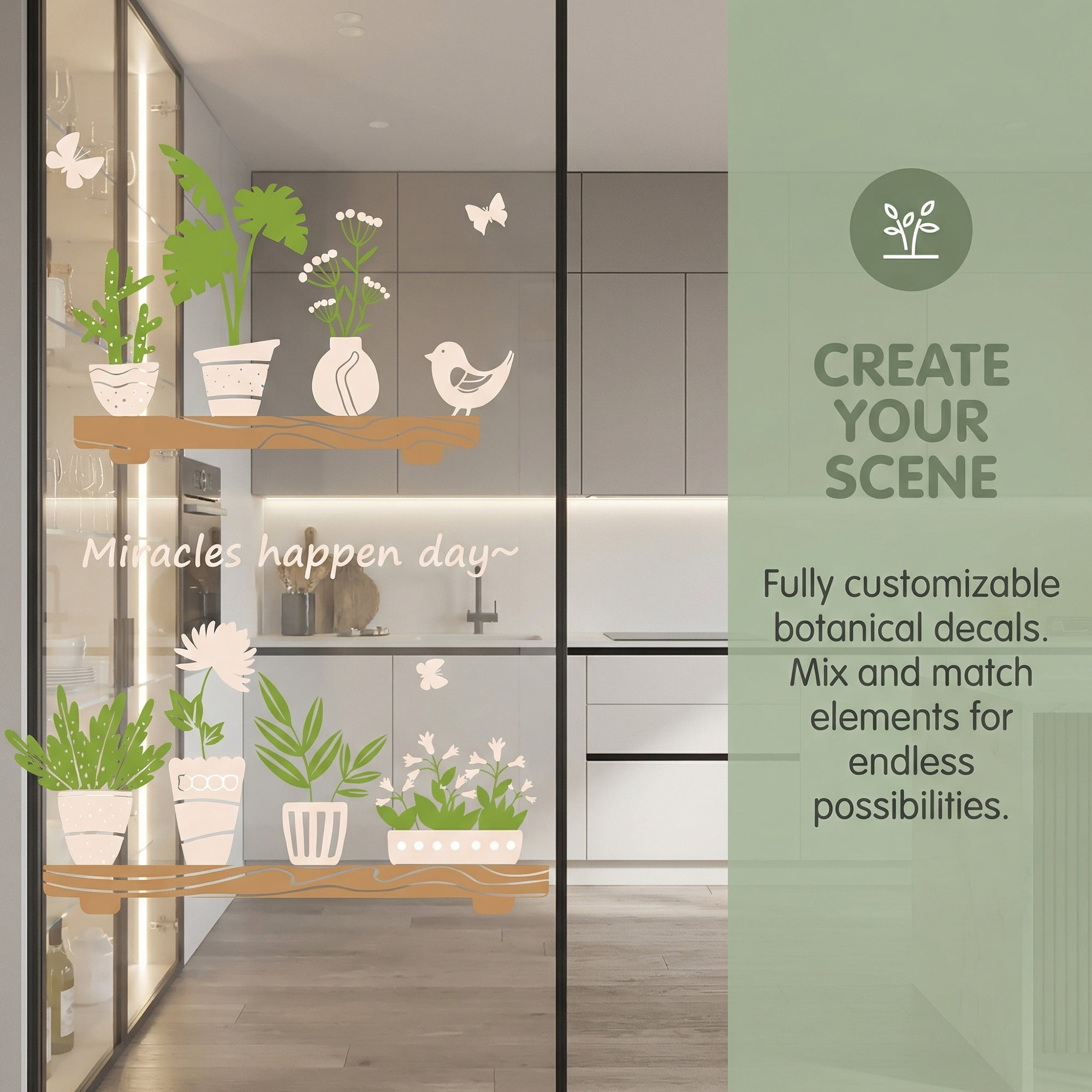 Unique Bargains 64 PCS Self-Adhesive Window Sticker Plant Pattern Green 23.6 x 17.7 Inch