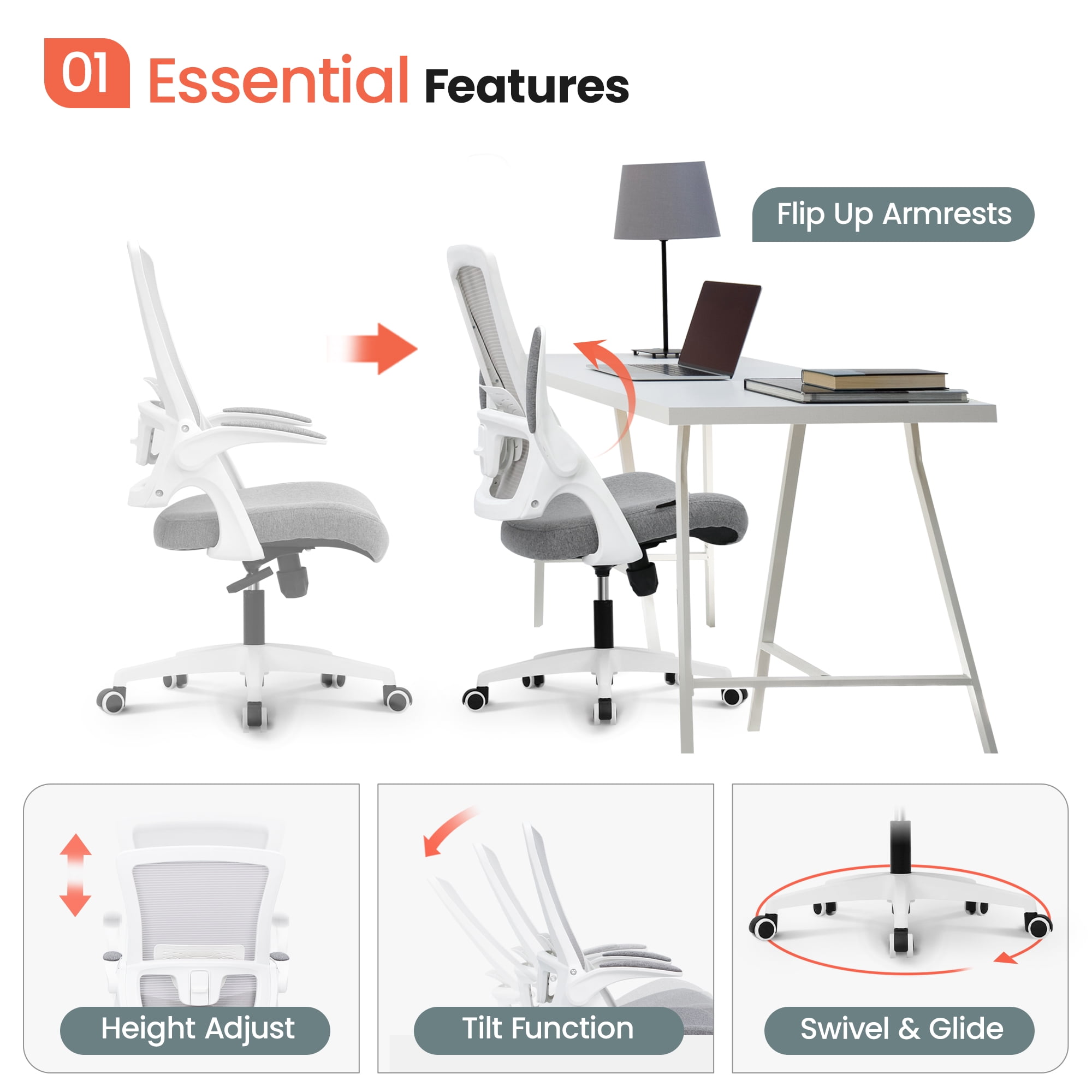 NEO CHAIR Ergonomic Office Chair, Adjustable High Back Mesh Desk Chair with Flip-up Arms, Gray