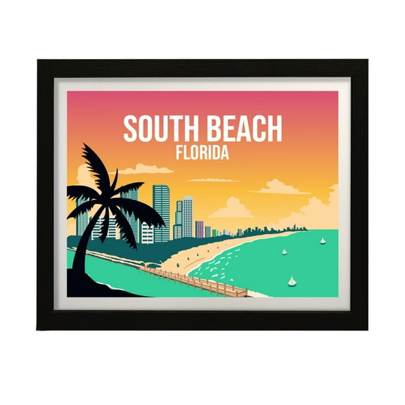 Designs ByLITA South Beach Florida, 8 x 10 Black Wall Print (Framed) | Multiple Frame Options | Stylish Retro Famous US Beach Art