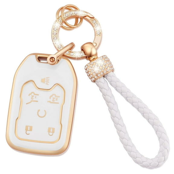 for GMC Key Fob Cover with Leather Key Fob Keychain, 6 Buttons Soft TPU Keys Shells Compatible with GMC Terrain Yukon Chevy Suburban Tahoe Key Fob Protector Black Gold Keychain