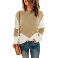 thumbnail image 1 of Mujeres de punto superior cuello redondo mangas caídas hombro empalme de color suéter de punto casual para primavera otoño invierno caqui L, 1 of 5