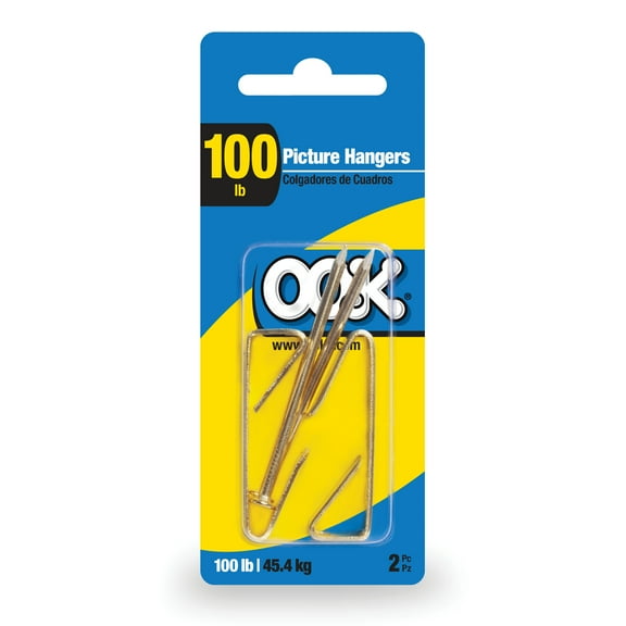 Ook Picture Hangers, 100 lbs, for Drywall and Wood, Steel, Brass Finish, Gold, 2 pack