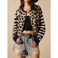 thumbnail image 5 of Women's Leopard Print Striped Patchwork Button Front Cropped Knit Cardigan Navy Blue XL, 5 of 10