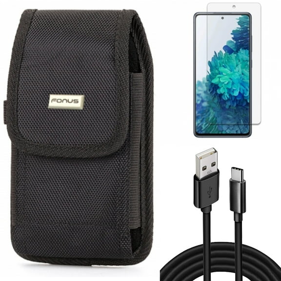 10ft USB Cable & Case Belt Clip & Screen Protector for Samsung Galaxy S20 Fan Edition - Type-C Charger Cord   Swivel Holster   Anti-Glare Tempered Glass Combo
