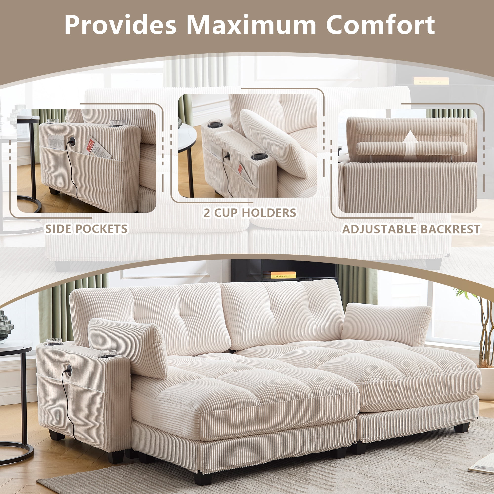MOONMISS Corduroy Upholstered Soft Deep Seat Sleeper Loveseats Sofa with USB,Type-C&Cup Holders-Beige