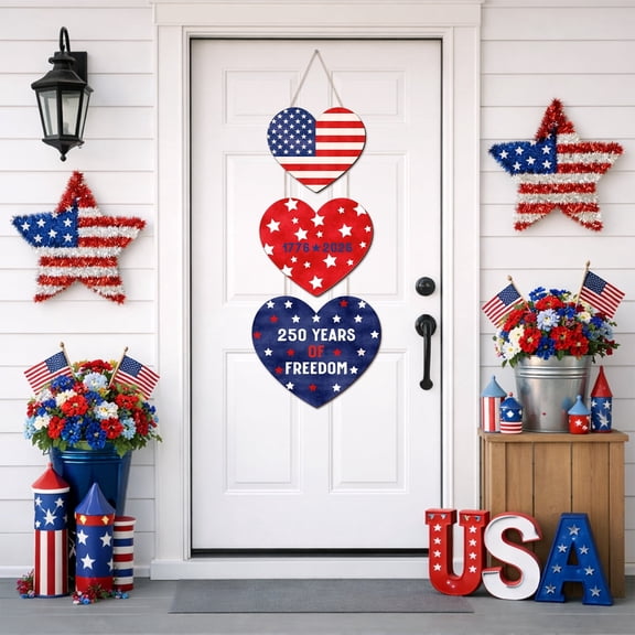 YIBAGA USA Anniversary 250th Door Wreath Hanging Door Sign, 250 Years of Freedom American Flag Hearts 1776 2026 Patriotic Home Decor