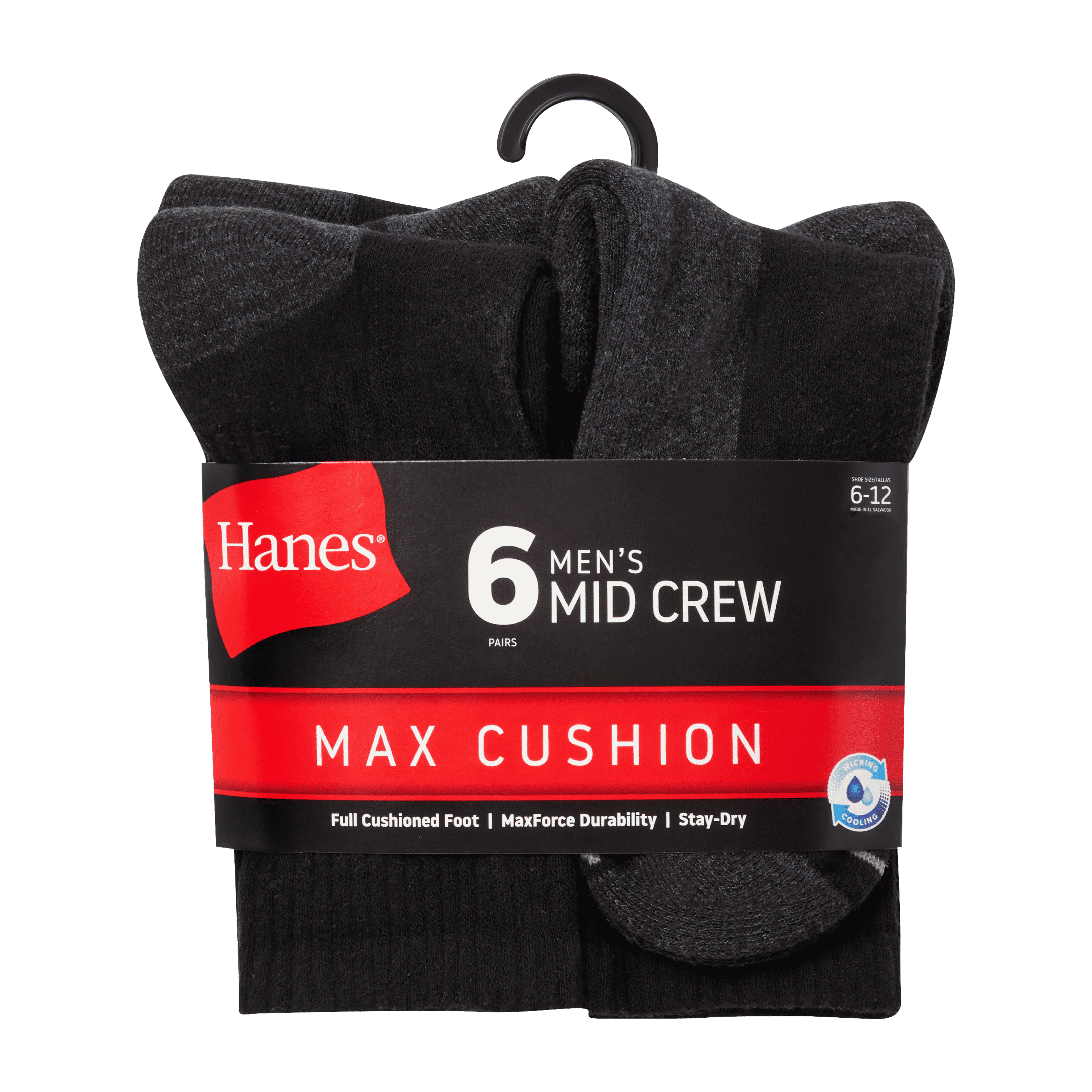 Hanes Mens Mid-Crew Socks, Max Cushion, Cool Comfort, 6-Pack, Size 6-12