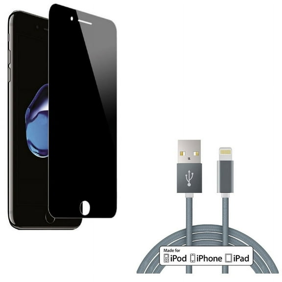 iPhone 8/7/6S/6 - 10ft MFi USB Cable w Tempered Glass Privacy Screen Protector - Certified Charger Cord Power Wire Braided, Curved Anti-Spy Anti-Peep 3D Edge Case Friendly for iPhone 8/7/6S/6
