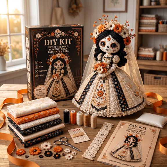 Day Of The Dead Patchwork Doll DIY Sewing Kit, Handmade Fabric Skeleton Witch Girl Craft Set, Floral Halloween Sewing Project, Gift For Craft Lovers, Collectors C
