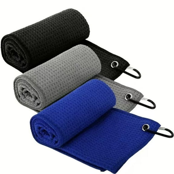 HPLSZCN Golf Towel, 3 Pack Microfiber Golf Towels (15.7"x15.7") for Golf Bag with Carabiner Clip, Golf Towel, Blue, Black and Gray, Suitable for Men's Golf Gifts