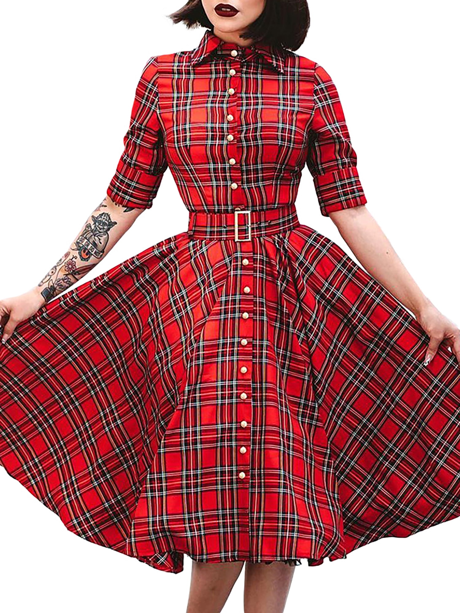 Long Sleeve Plaid Retro Dress - Walmart 