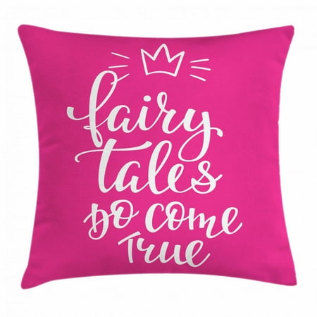 Crown Princess Fur Once Upon a Time Throw Pillow Cushion Cover, Fairy Tales Do Come True Inspirational Calligraphy with Princess Crown, Decorative Square Accent Pillow Case, 24 X 24 Inches, Hot Pink White, by Ambesonne ()