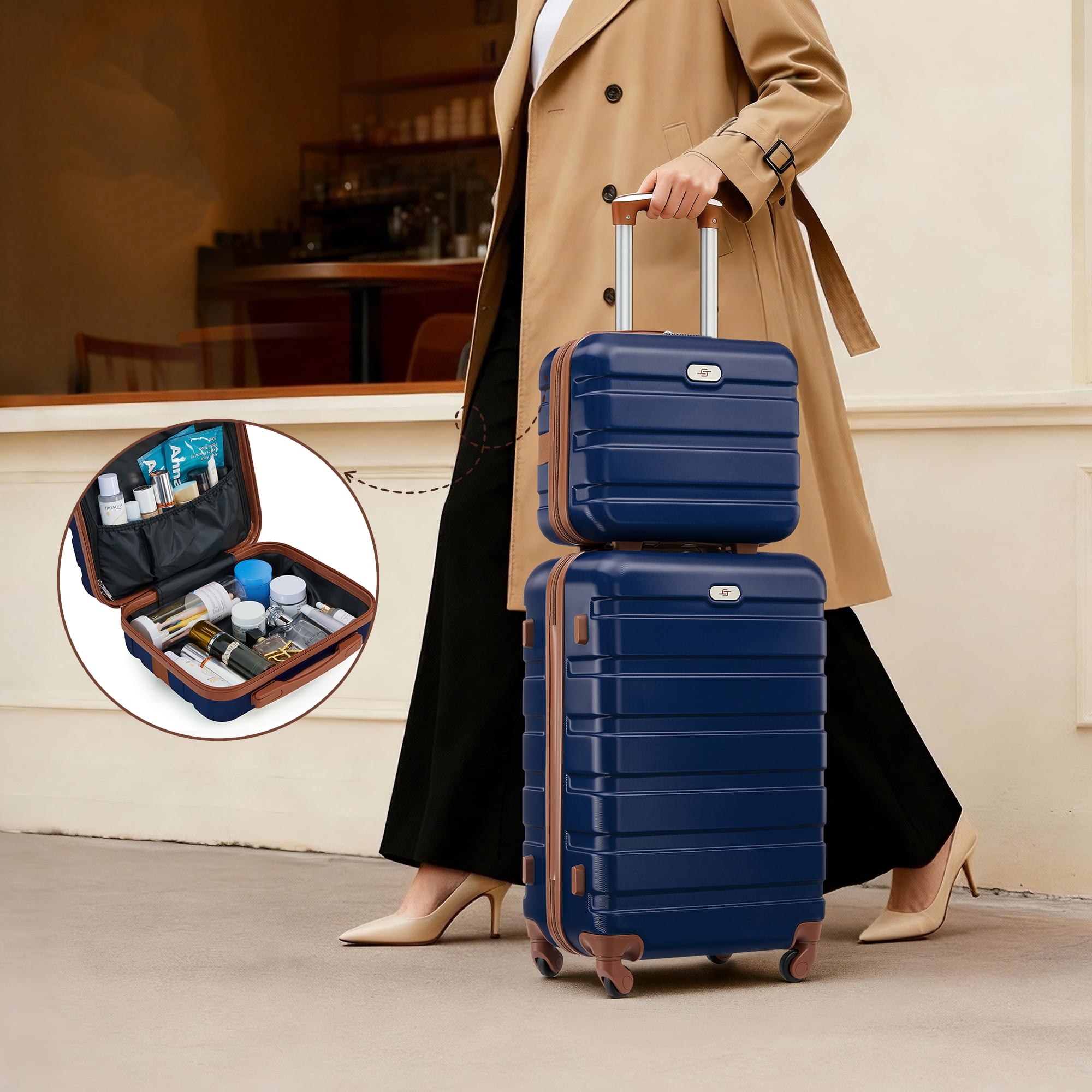 Gowill 6 Piece Luggage Sets,13/20/24/28 inch Hardside Lightweight ABS Suitcase With Expandable Duffle Bag (Navy Blue Tan)