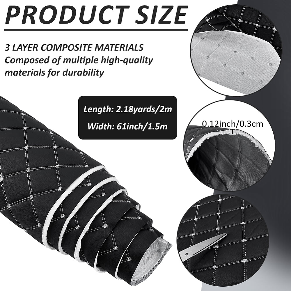2.1 Yards Quilted Foam Fabric Leather Fabric 61 inch Diamonds Pattern Leather Fabrics with Gray Stitch for Car Automotive Upholstery (Black)