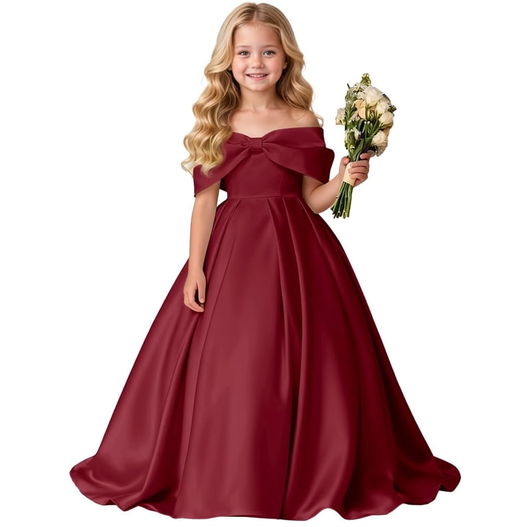 party dress 4t Huangxinggg Girls Formal Off Shoulder Solid Color Big Bow Floor Length Gown  Party Dress For Big Kids Toddler Girl 4t