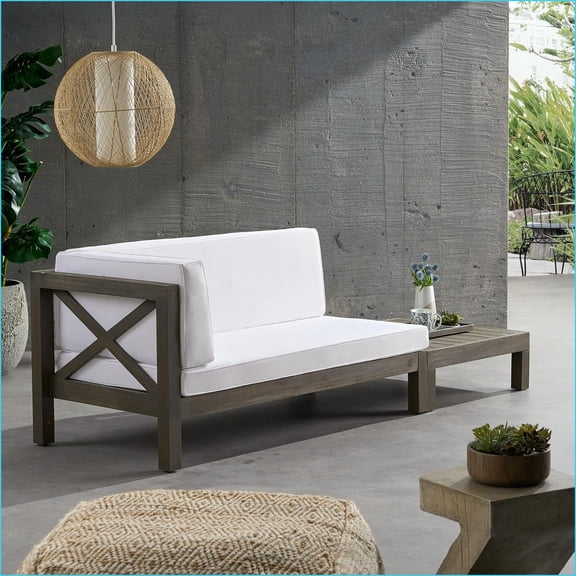 Patio Chat Set, Modern Rustic Left-Arm Loveseat & Coffee Table, Ivory | Acacia Wood
