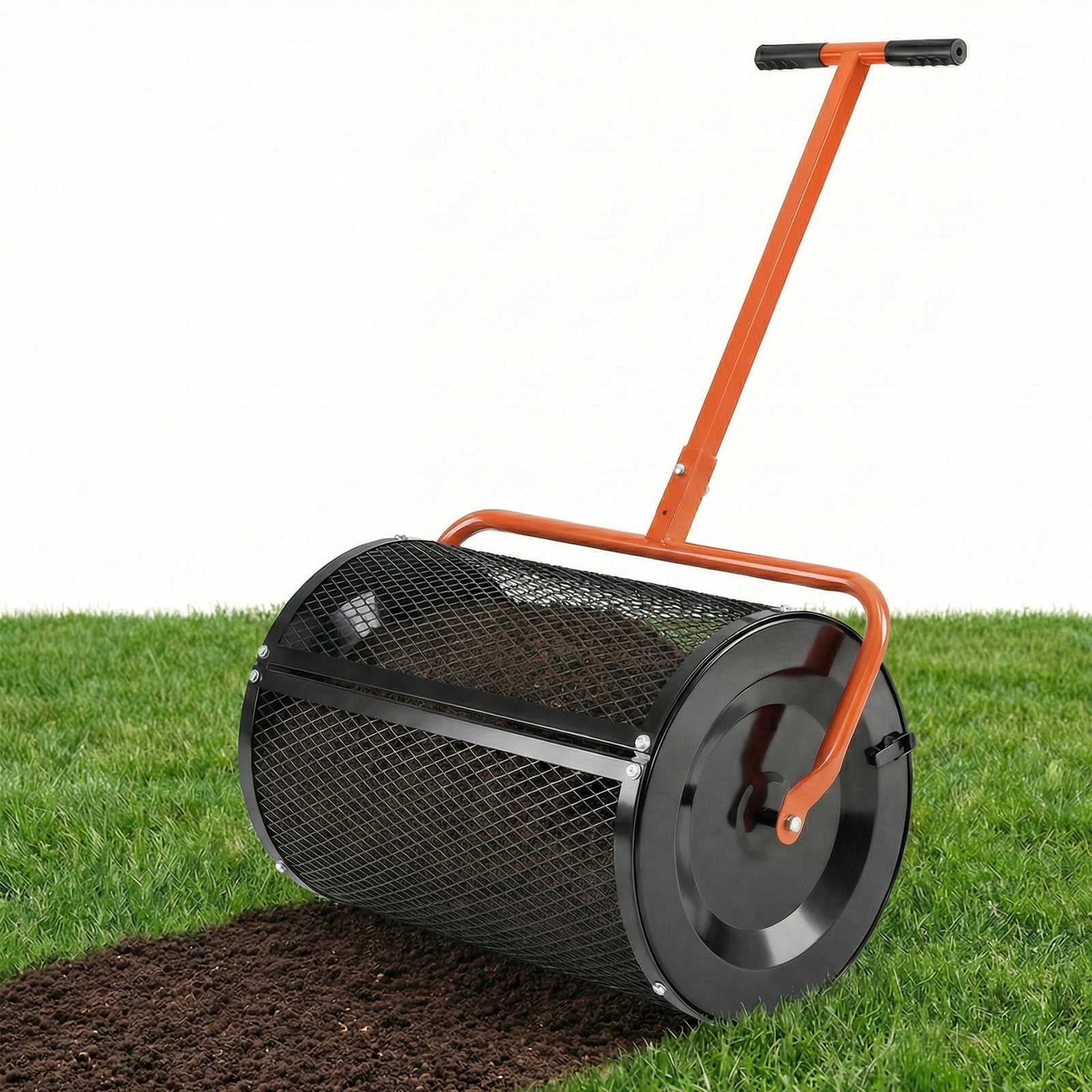 Gymax Compost SpreaderPeat Moss Spreader Roller w/Height-adjustable T-shape Handle Orange