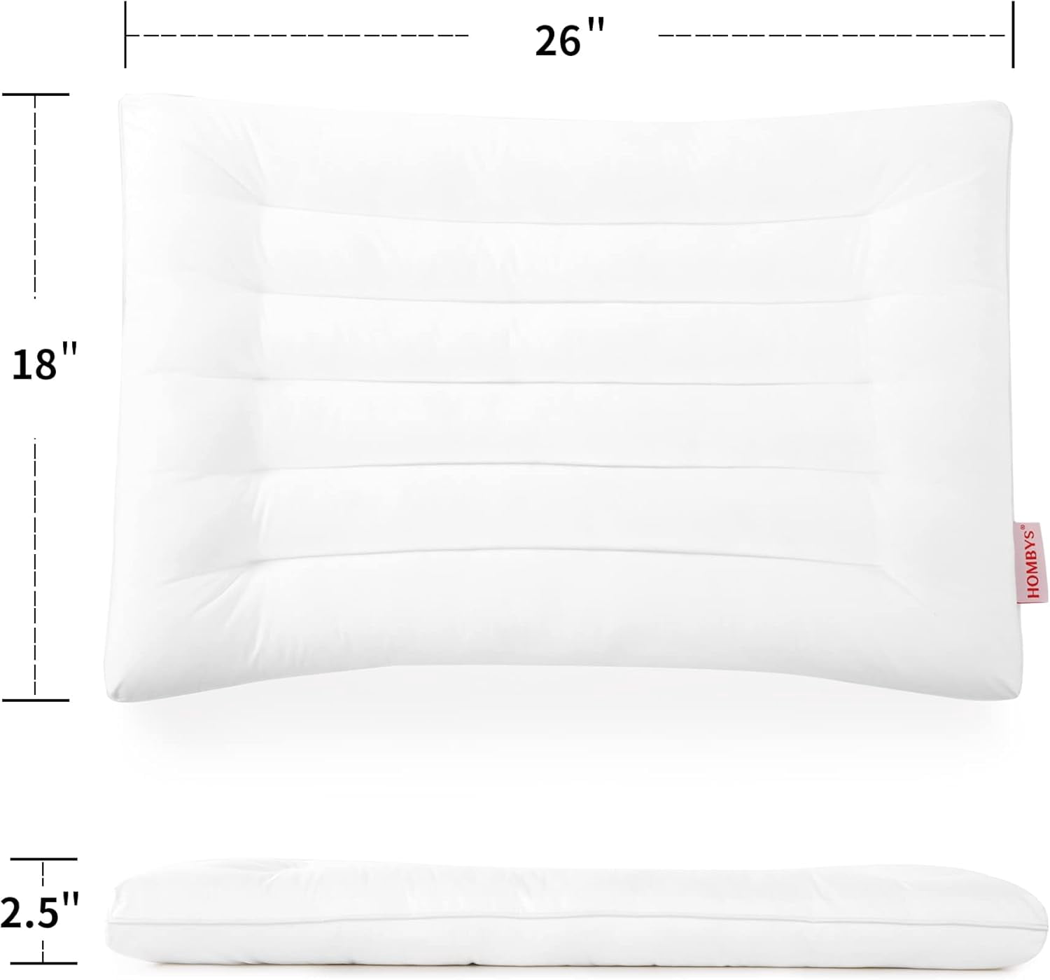 HOMBYS Ultra Thin Flat Pillow for Sleeping, Thin Pillow for Back Sleeper, Supportive Stomach Sleeping Pillow, Slim Bed Pillow, Machine Washable-Standard Size 26x18, White