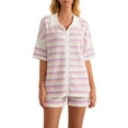 thumbnail image 2 of FOCUSNORM Women Pajamas Set 2 Pieces Loungewear Suits Stripe Contrast Color Button Crochet Knit Tops and Shorts Lounge Sets, 2 of 9