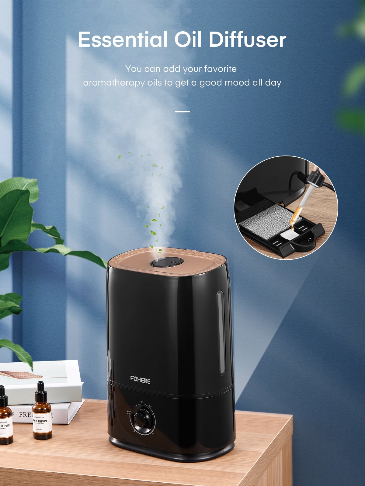 Fohere Cool Mist Humidifier for Room, Smart Top Fill with Nightlight, 5L,Black
