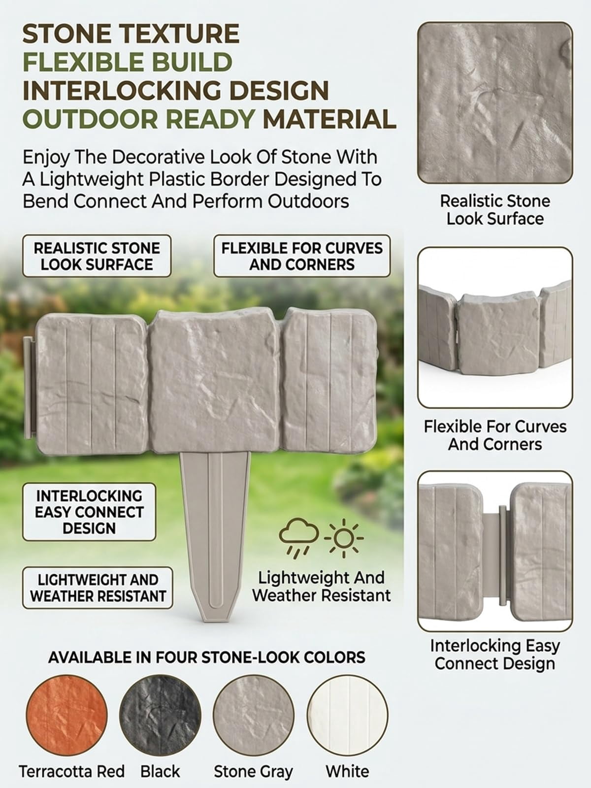 Plastic Garden Retaining Fence Garden Edging Landscape Flower Bed Edging Borders Faux Stone for Landscaping Lawn Blocks Interlocking No Dig Flexible Weather Resistant Outdoor Beds