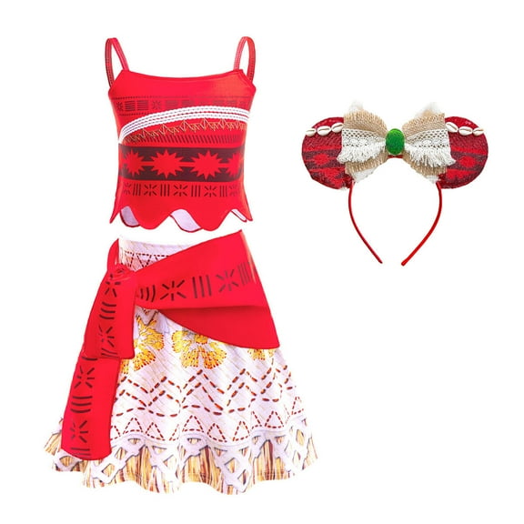Girls Two-Piece Moana Costume with Accessories Halloween Princess Cosplay Outfits, SIZE 2-9