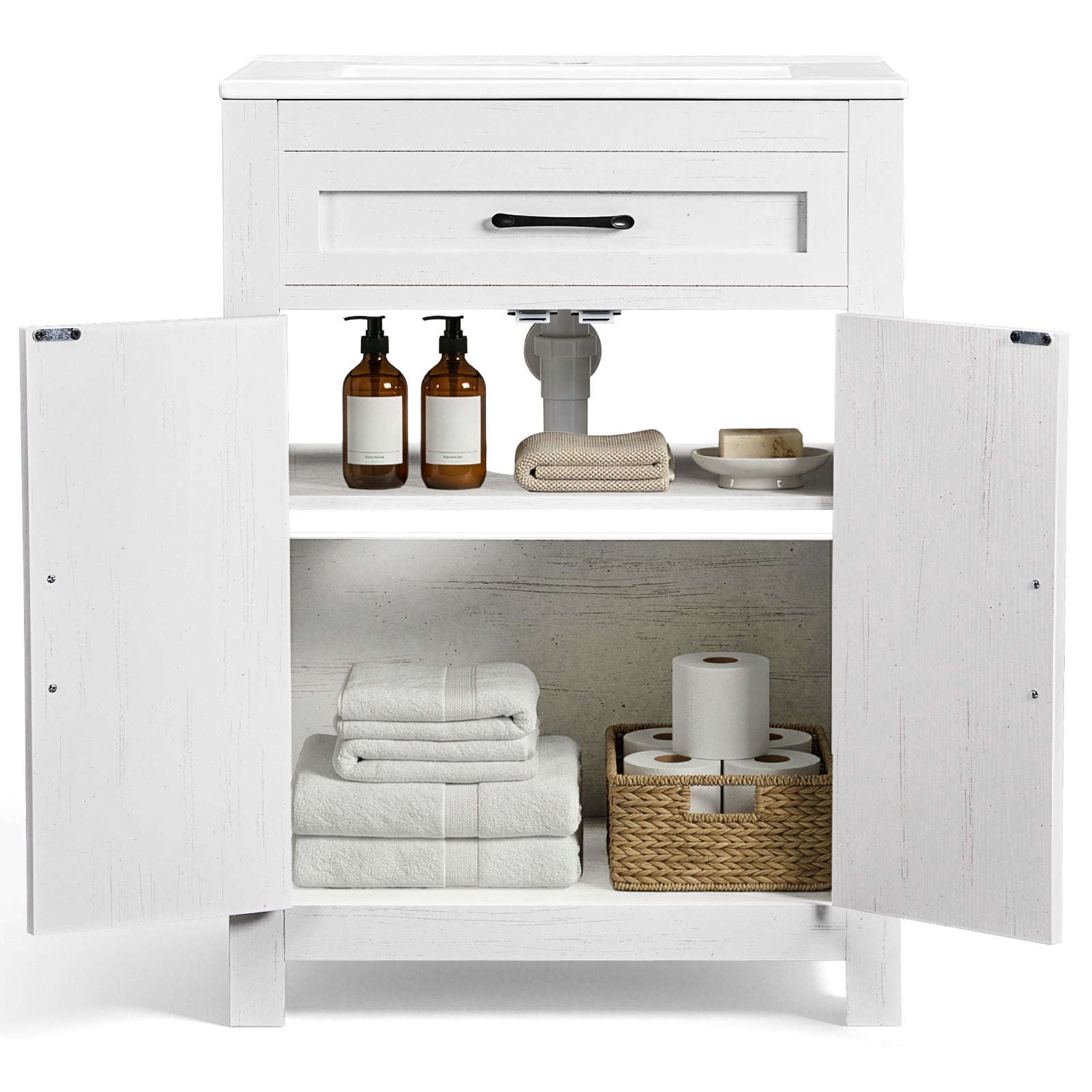 Ktaxon Farmhouse 24'' Bathroom Vanity Set with Sink Ceramic Top, Washed White (Split Two Packages for Delivery)