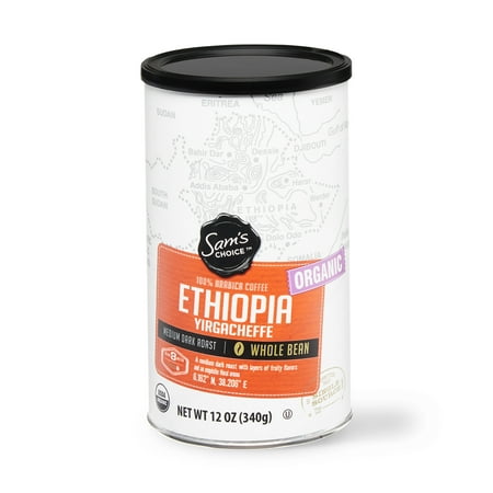 Sams Choice Organic Ethiopia Yirgacheffe Medium Dark Roast Whole Bean Coffee, 12 oz