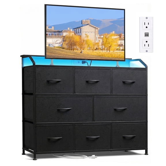 edx 8-Drawer Fabric Dresser with Power Outlets & LED Light, Multifunctional TV Stand Storage Cabinet for Bedroom, Living Room, Office & Hallway, Black