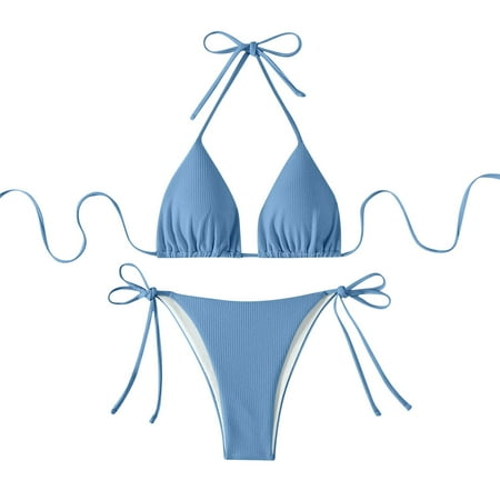Puntoco 2025 Summer Beach Swim Bathing Suits Bikini Sets for Women Halter Triangle String Bikini Cheeky V Cut High Waisted Thong Swimsuits 2 Piece Sky Blue S(S)