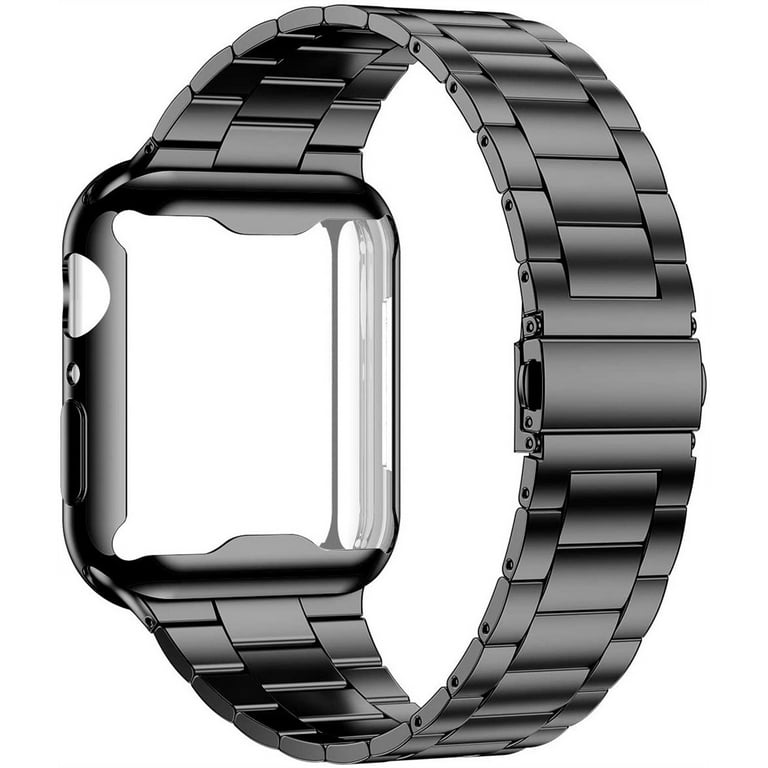 Case+strap for Apple Watch band 42mm/38mm Accessories Stainless Steel belt  metal wristbands Bracelet IWatch series 3 4 5 6 SE 40mm 44mm - Black