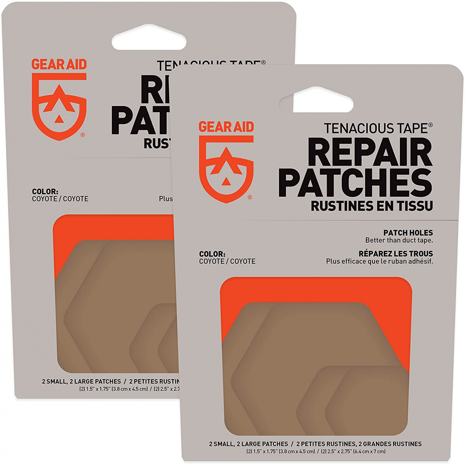 2pk GEAR AID Tenacious Tape Gear Repair Patches, Coyote, 2.5” 1.5” Hex Shape