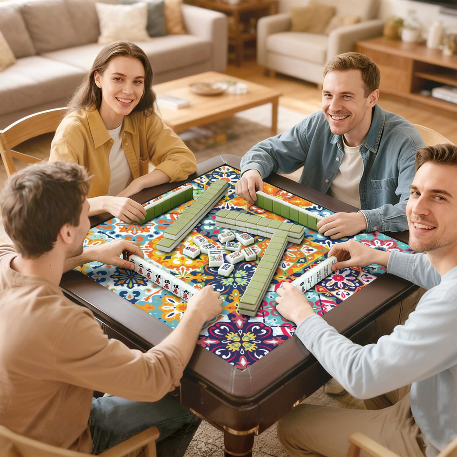 Blue Mahjong Mat for Table, 31.5*31.5in Anti Slip American Mahjong Table Cloth, Noise Reduction, Neoprene Mah jongg Mat with Carrying Bag & 3 Dices, Mahjong Accessories Gift for Board Tile Games Mats