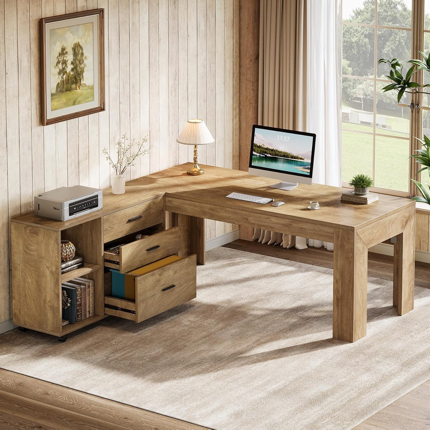 Tribesigns 63" Executive Office Desk, L Shaped Desk with Mobile Lateral File Cabinet Combo, Large Computer Table Business Furniture Set for Home Office, Brown