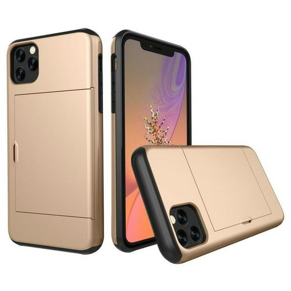 Card Slot Holder Wallet iPhone 15 Pro Case - (Gold) Dual Layer Shockproof with Heavy Duty Protection