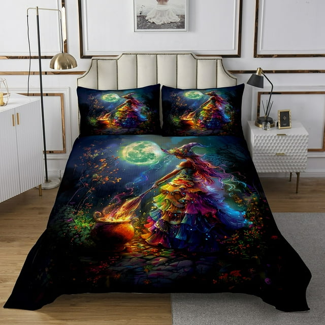 Erosebridal Ensembles de Courtepointe Féeriques d'Halloween pour Lit Format Grand, Ensemble de Literie Botanique Coloré à Fleurs, Ensemble de Couvre-Lit Princesse de Rêve Jungle Grand pour Filles, Décor de Chambre en Microfibre, 3 Pcs