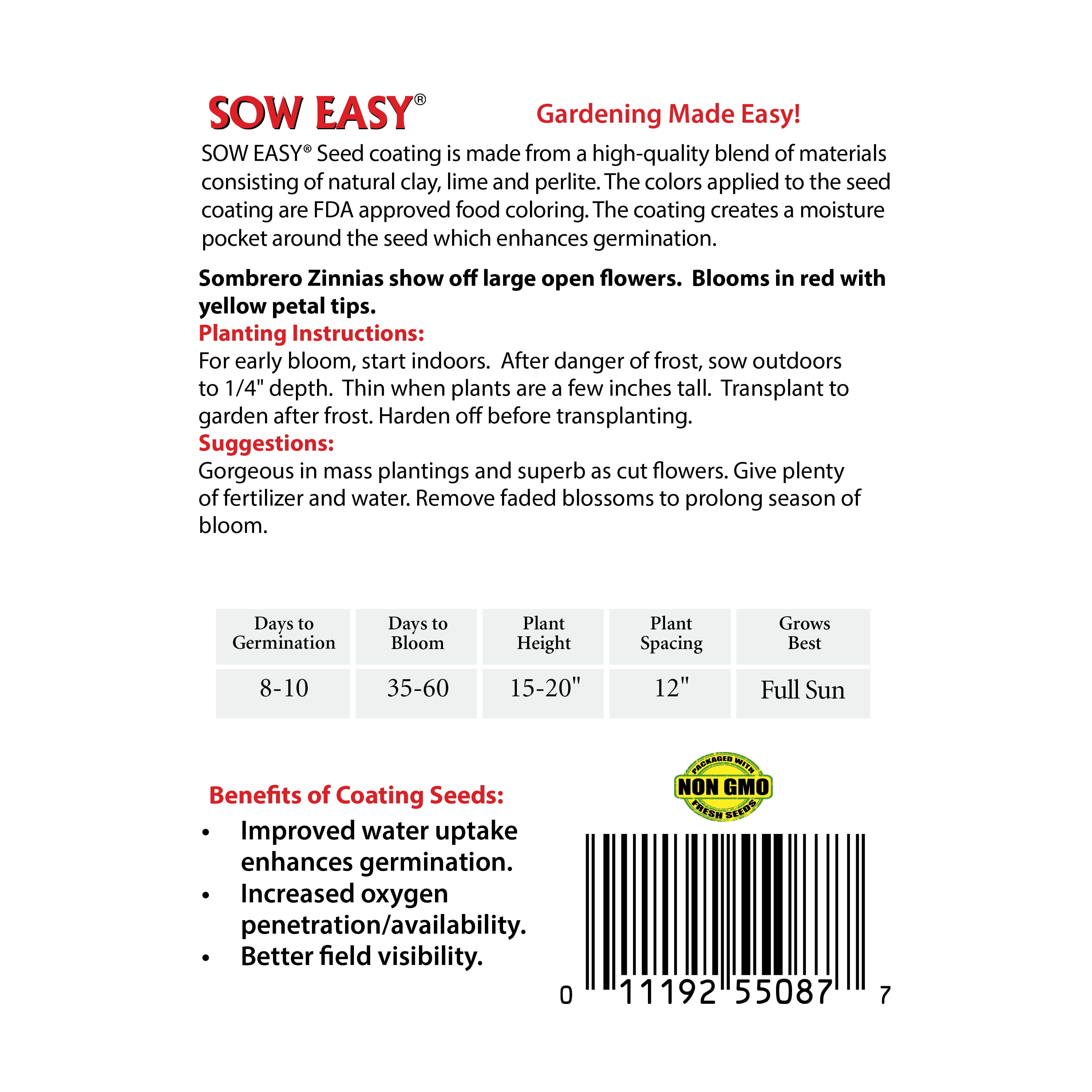 Ferry-Morse Sow Easy 1G Zinnia Sombrero Annual Flower Seeds Full Sun