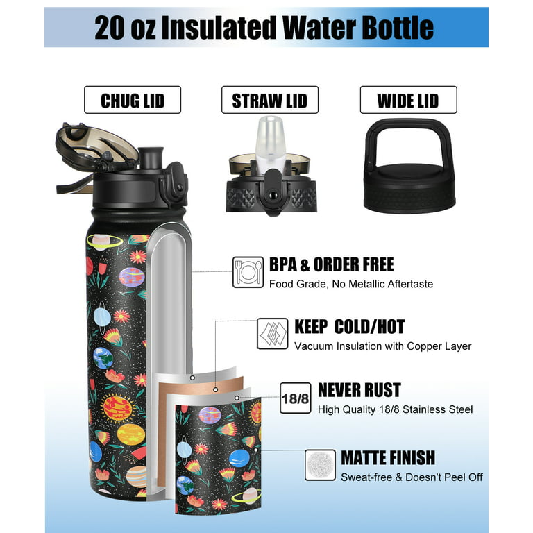 Oldley Insulated Kids Water Bottle With Straw/Chug 2 Lids Stainless Steel  Water Bottles Double Wall Vacuum BPA Free Leak-Proof Gift For Girls